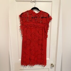 Tularosa “Clayton” Pom Pom Crochet Red Mini Dress